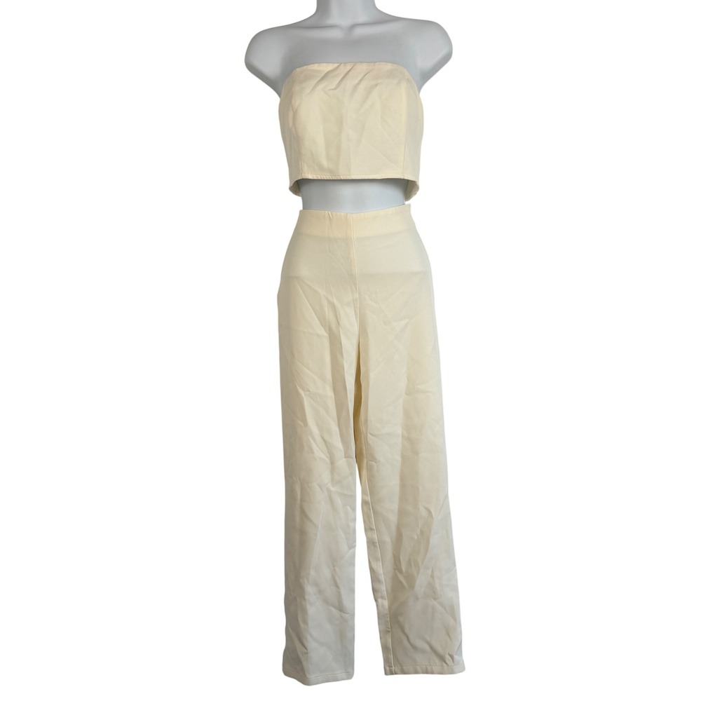 Ivory White 2 Piece Set Strapless Crop Top High Waist Pants Small Chic